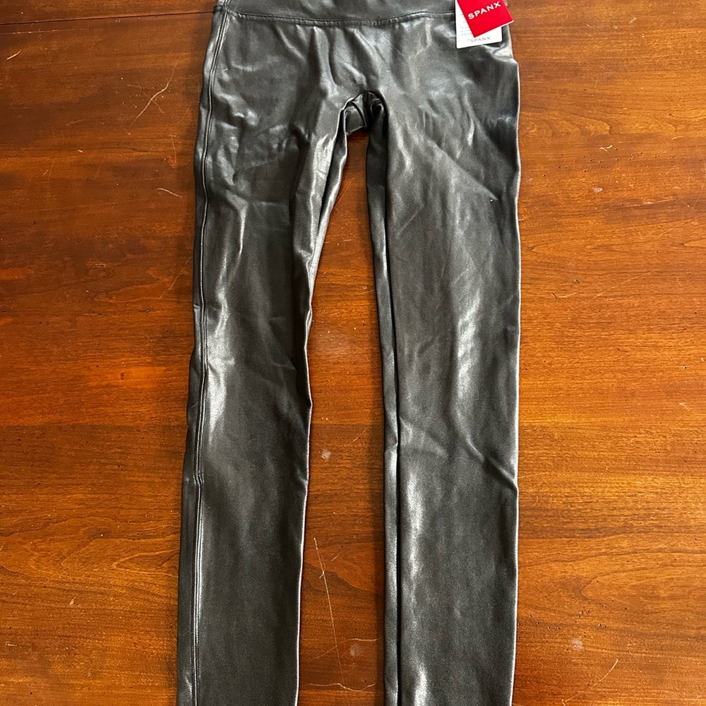 SPANX Black Faux Leather Leggings with Red Size Tag